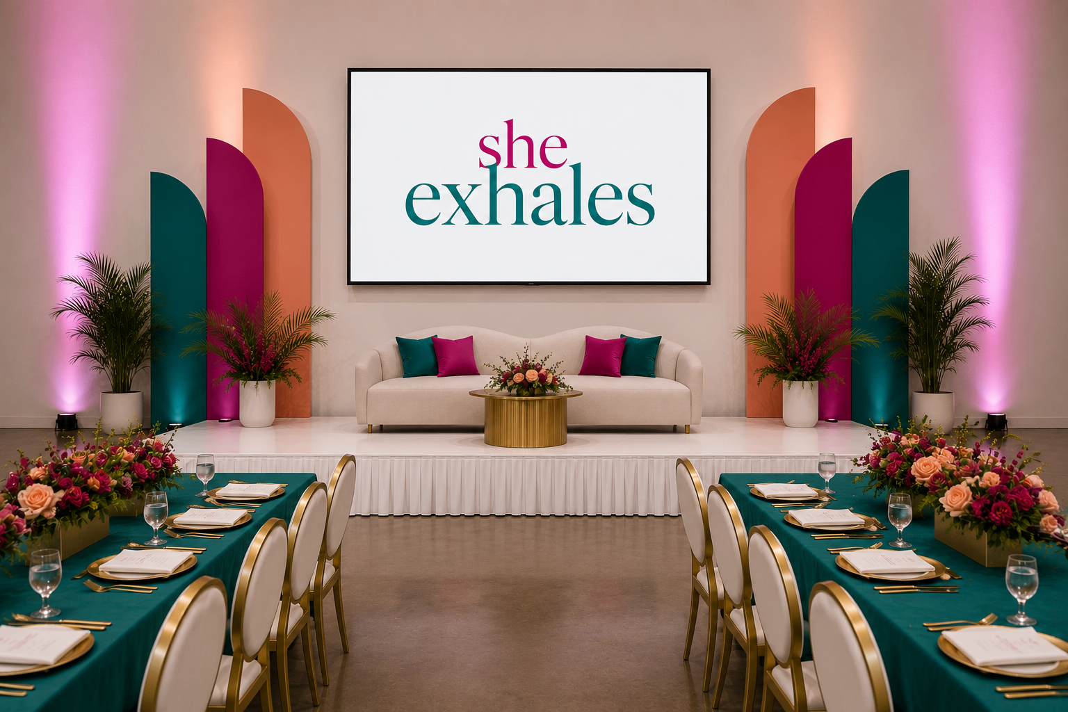 A peach and teal styled setting with lounge seating and flowers