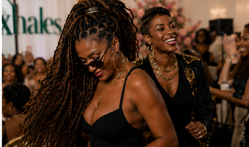 Two women dancing and laughing at a She Exhales gathering