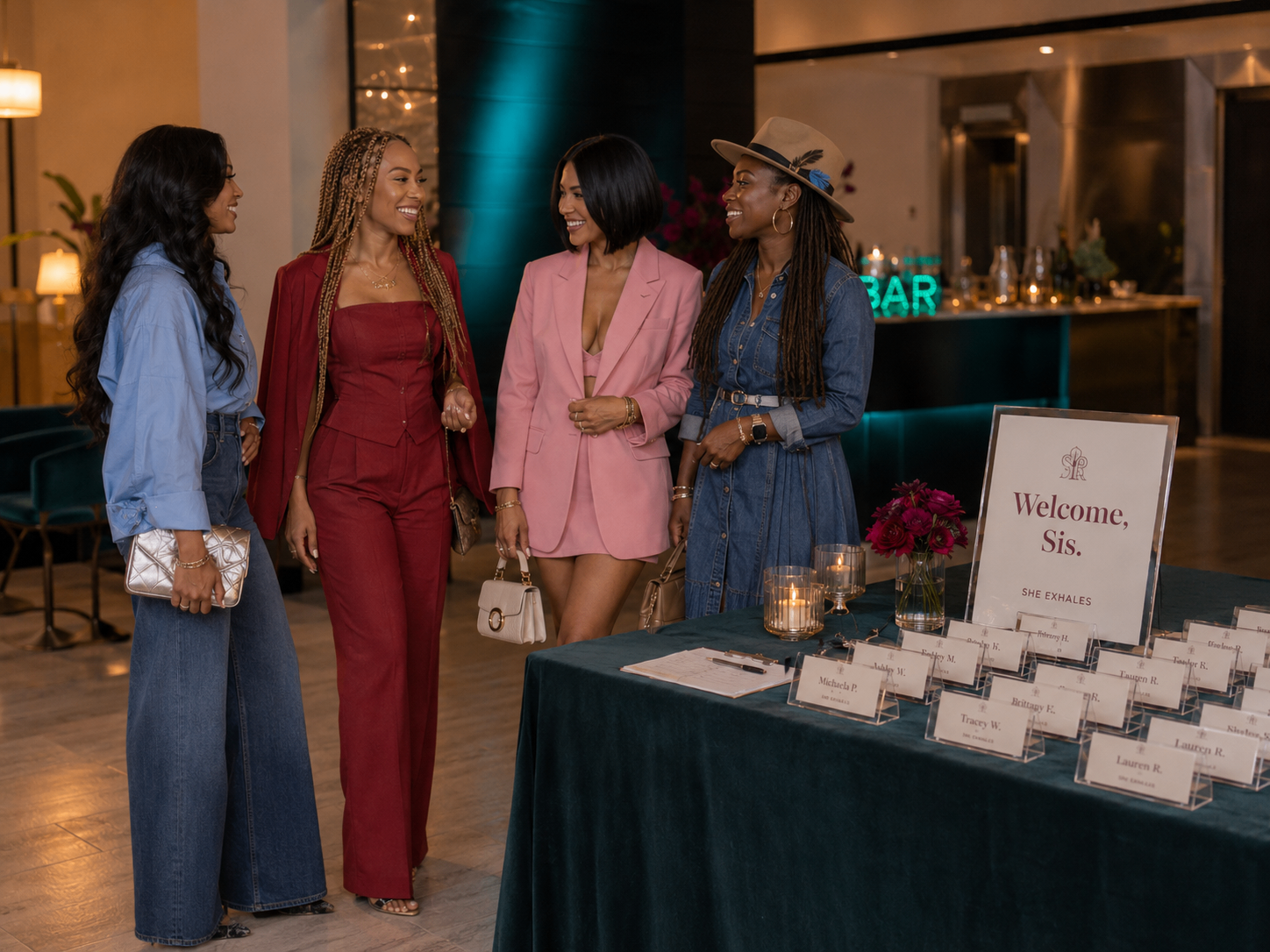 Guests arriving at the She Exhales 'Welcome, Sis.' check-in table