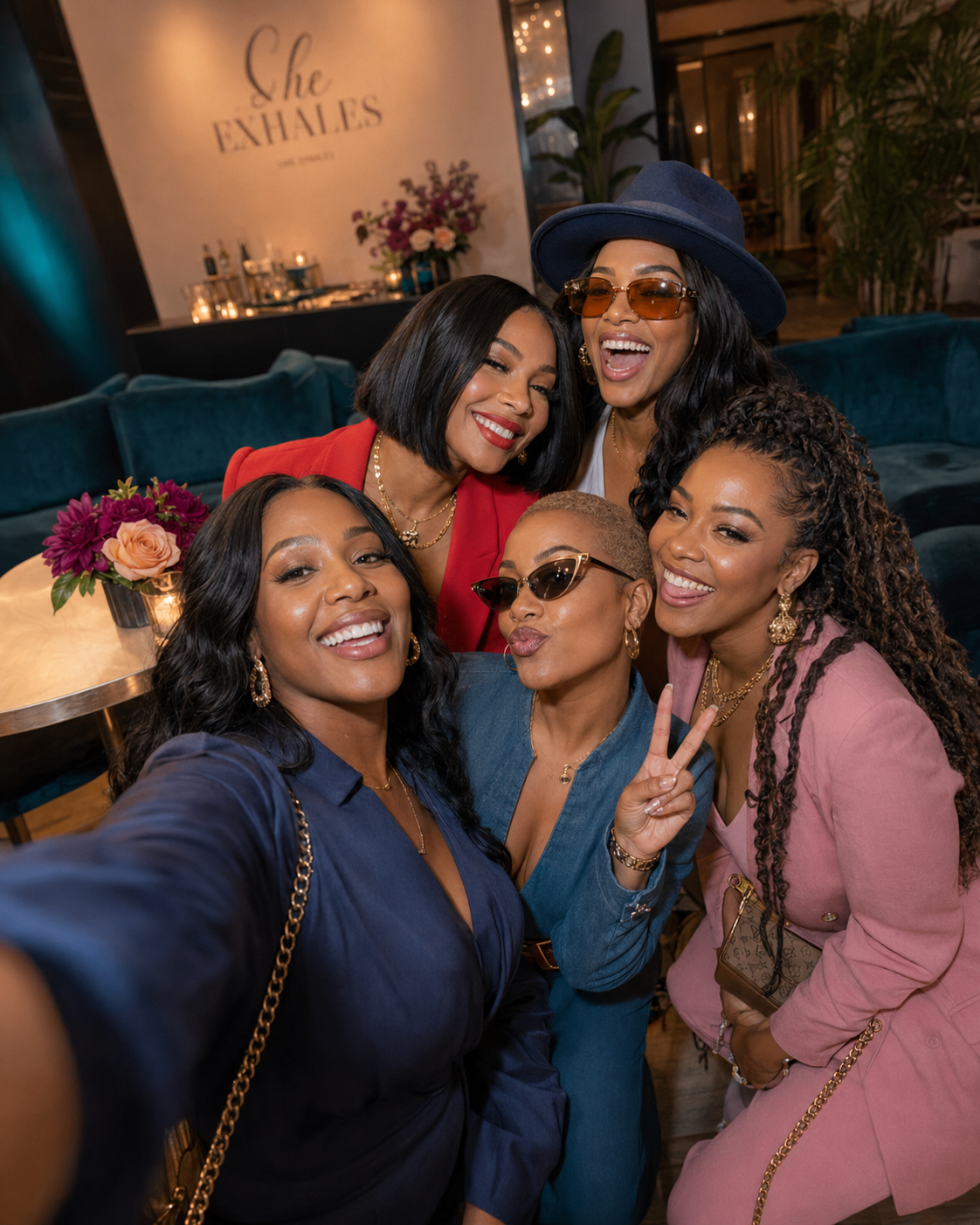 Five women posing together, arms wrapped, laughing