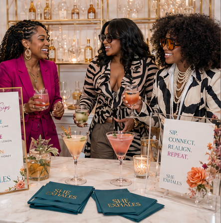 Three women in bold prints and pearls sipping signature cocktails at the She Exhales bar