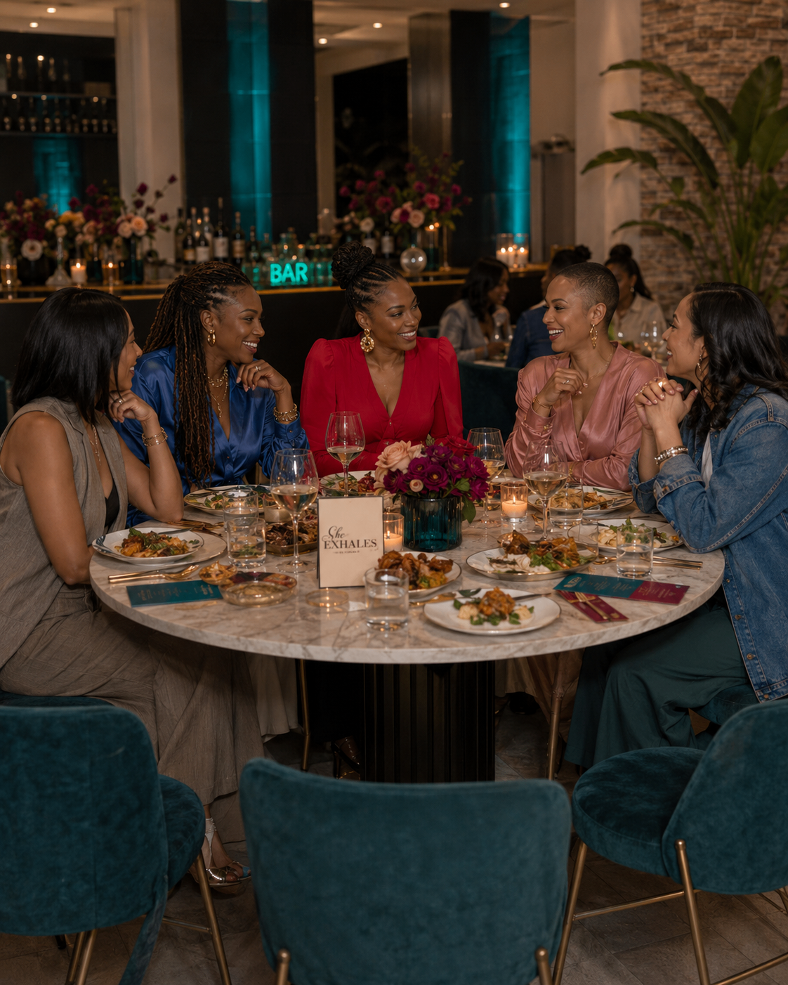 Women in vibrant attire laughing around a family-style lunch table