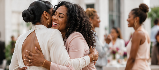 Two women embracing warmly at a She Exhales gathering